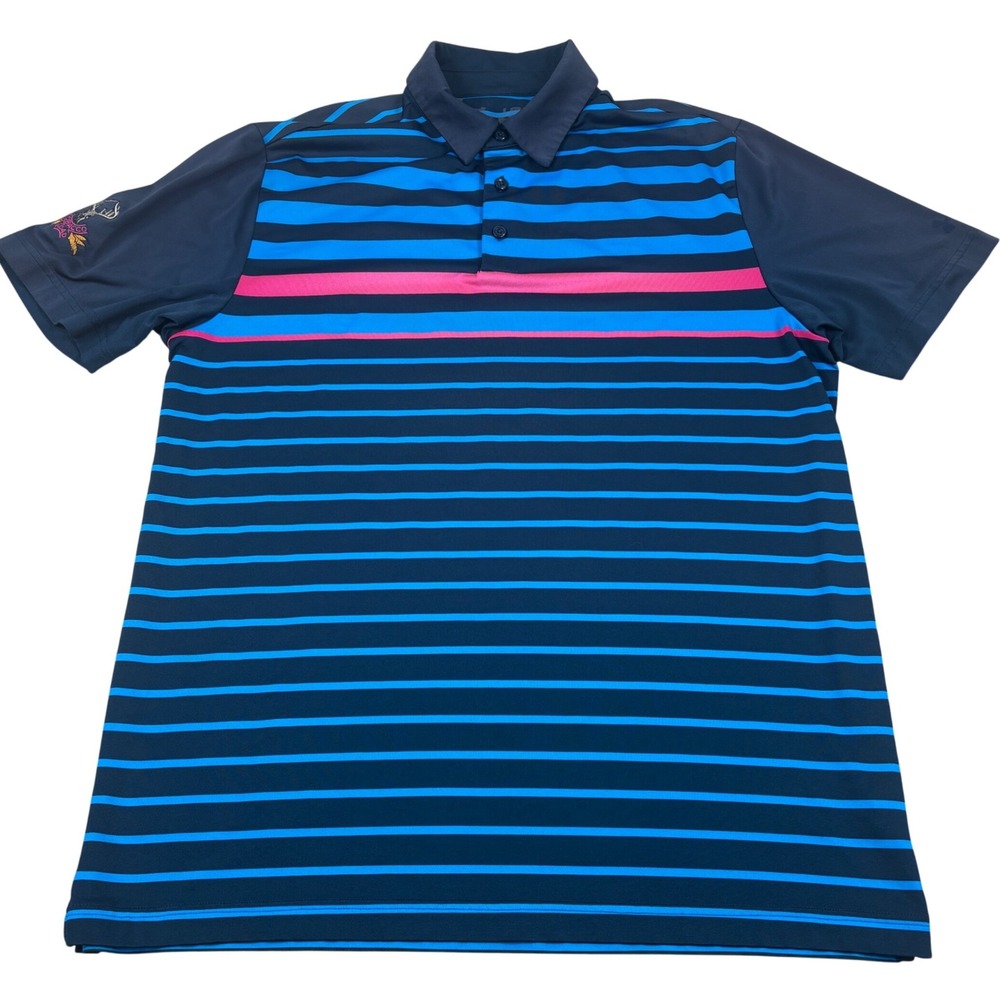 Under Armour Tobacco Road Golf  Polo Shirt Mens Large Navy Blue Striped Preppy